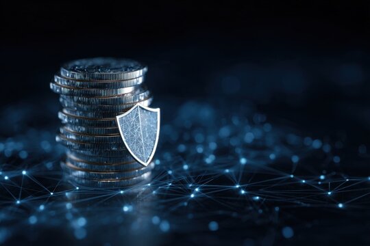 Stack of silver coins is secured by a digital shield representing financial protection in a high-tech environment