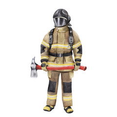 Watercolor firefighter in full gear with axe illustration