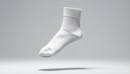 Floating white sock with ribbed cuff on neutral gray background, clean and minimal presentation.