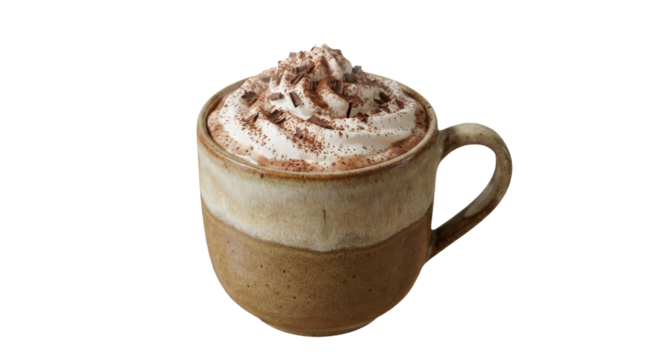 Warm cup of cocoa topped with whipped cream.