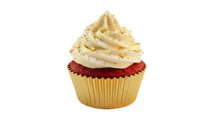 Delicious red velvet cupcake with creamy frosting on top.