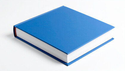 Closed blue hardcover book angled on white surface with red spine accent and visible page edges.