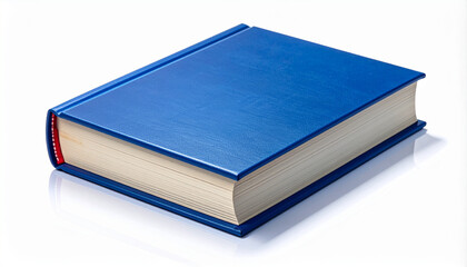 Closed blue hardcover book angled on white surface with red spine accent and visible page edges.