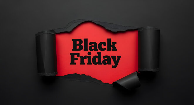 Black friday message peeking through torn black paper, revealing a vibrant red background with bold text