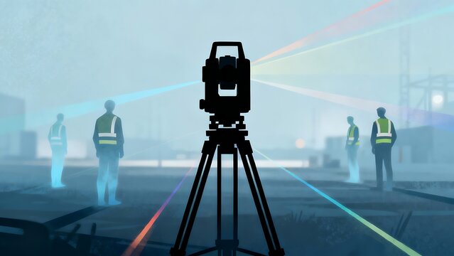 Generative AI surveying technology with radiant beams and workers.