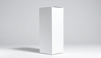 Tall white rectangular box standing upright on light gray background with smooth surface and sharp edges.