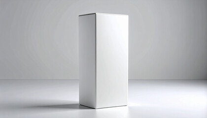 Tall white rectangular box standing upright on light gray background with smooth surface and sharp edges.