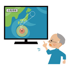 テレビの台風情報を見る人物のイラスト