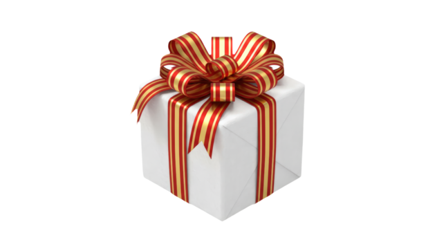 Gift box adorned with a striped ribbon.