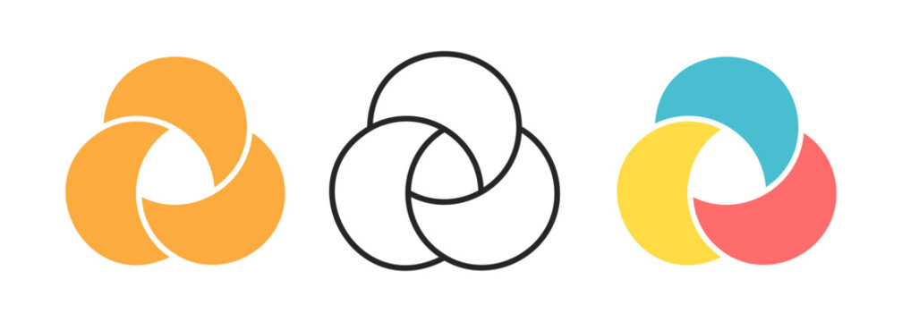 Circle Venn diagram with three part set. Intersecting circles. Infographic chart icon. 3 overlap balance elements diagram. Business process chart. Vector illustration isolated on white background.