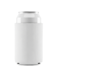 transparent neoprene koozie encasing sleek silver beverage can on transparent background, soft studio light, conveying customizability and product potential concept