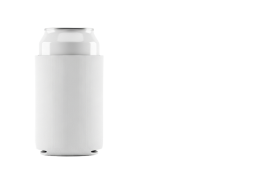 transparent neoprene koozie encasing sleek silver beverage can on transparent background, soft studio light, conveying customizability and product potential concept