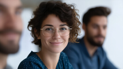 Smiling young woman with curly hair and glasses sitting in modern office, looking confident and happy while working with colleagues during business meeting