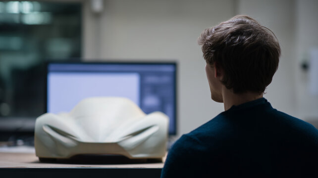 Man observes futuristic car model prototype in modern design studio, with computer screen in background, highlighting innovation and creativity in automotive engineering