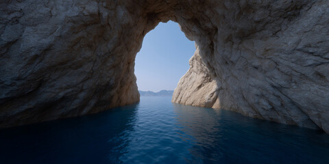 Rocky sea cave with clear blue water, sunlight streaming through natural archway, and distant mountains under clear sky create peaceful and adventurous atmosphere