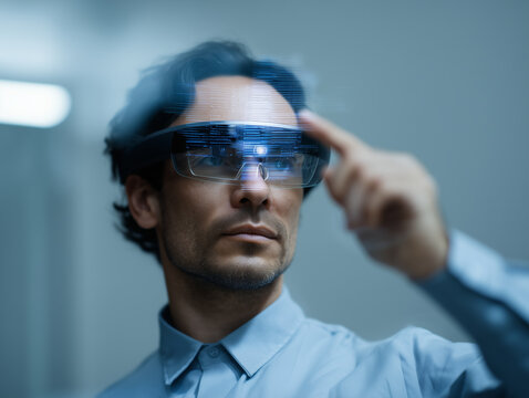 Male engineer wearing augmented reality glasses interacts with virtual interface, futuristic technology, innovation, and focus in modern workspace environment - Powered by Adobe