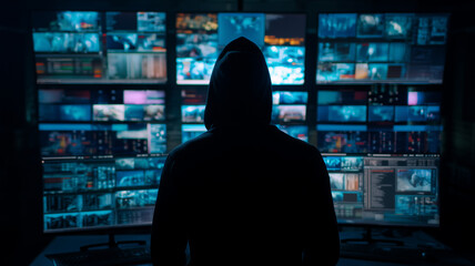 Silhouette hacker dark room multiple screens cyber security technology anonymous digital surveillance night silhouette of hacker dark room surrounded by multiple screens creates mysterious