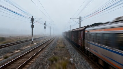 Fototapeta premium Generative AI train journey through misty landscapes