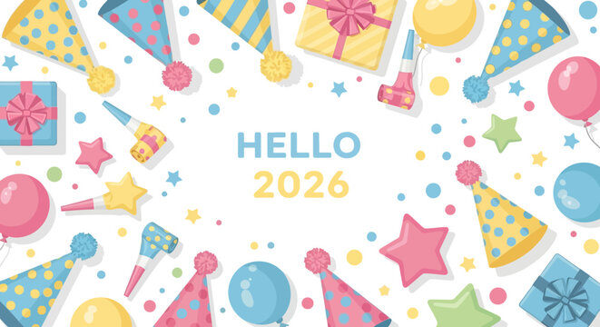 Get ready to celebrate 2026 with fun party hats, balloons, and colorful gifts - Powered by Adobe