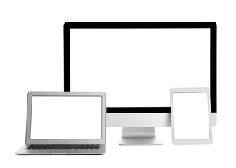 Modern PC monitor, tablet computer and laptop on white background