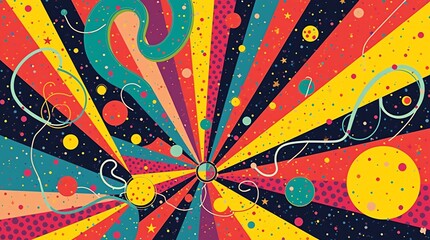 Colorful radial burst with circles and abstract shapes