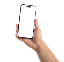Woman holding modern mobile phone on white background, closeup