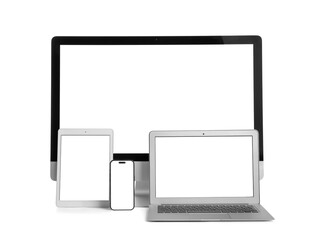Set of modern gadgets on white background