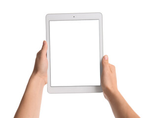 Female hands with modern tablet computer on white background, closeup