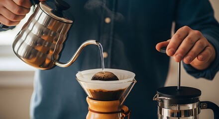 Pour over coffee preparation with stainless steel kettle and french press