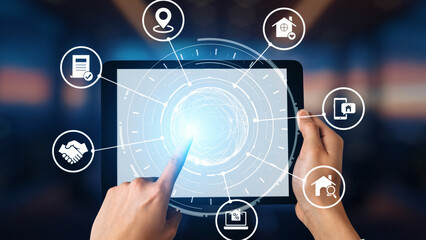 Online property search icons showing real estate rent, sale, housing, location, property management, key, contract, mortgage, home loan, and housing market. Gist