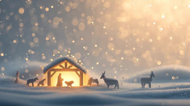 Clean winter scene with a minimalist nativity silhouette, softly glowing under gentle light. Serene, peaceful, and elegant composition for a festive or spiritual atmosphere.