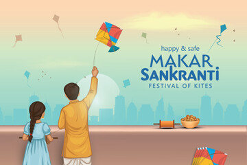 Indian festival Happy Makar Sankranti poster design with people flying colorful kites on cloudy sky. Creative vector illustration design.