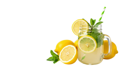 Clear mason jar with natural summer lemonade, lemon slice, mint, striped straw, yellow lemons on transparent background, copy space, soft high-key light, concept of healthy summer refreshment