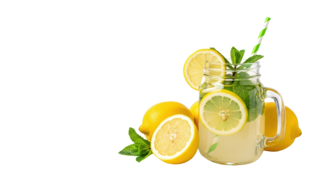 Clear mason jar with natural summer lemonade, lemon slice, mint, striped straw, yellow lemons on transparent background, copy space, soft high-key light, concept of healthy summer refreshment