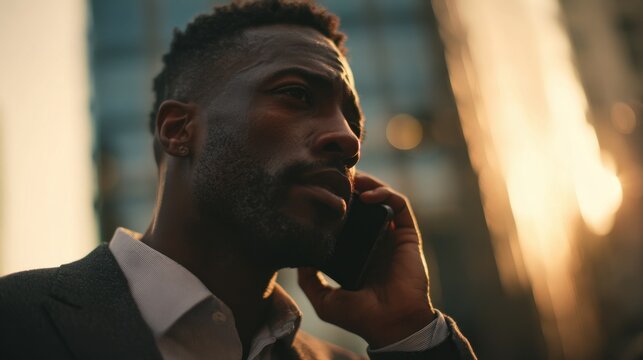 Professional Man Wearing Dark Suit Talking on Mobile Phone Outdoors During Sunset