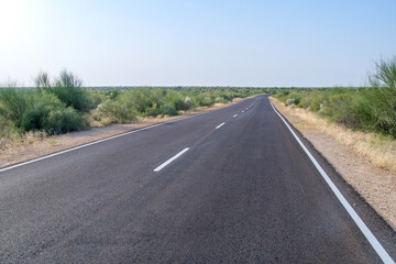 Road through the desert between Jaisalmer and Tanot, near Jaisalmer India.