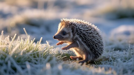 Hedgehog covered in frost in the early morning sunlight