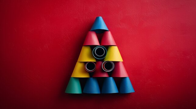 Colorful pyramid made of paper cups on a bright red background during a creative activity setup at a craft event