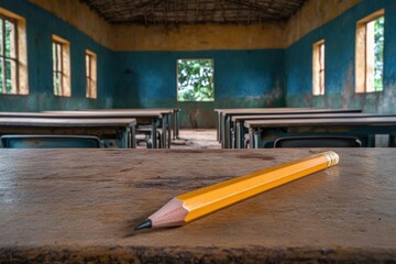 Inspiring education concept with pencil and desks inside old school classroom