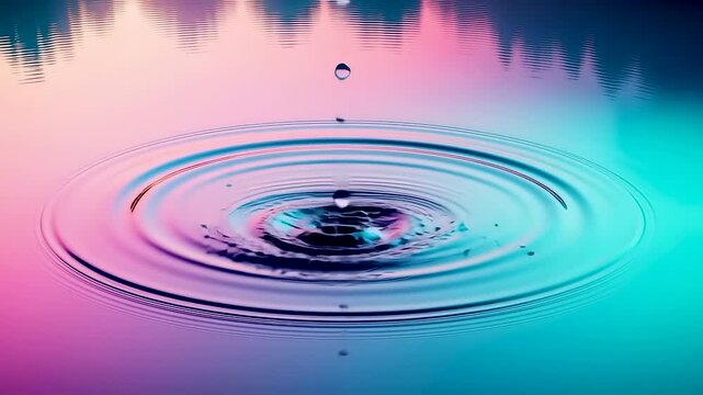 Vibrant water droplet forming smooth ripples on a colorful reflective surface with soft gradients and calming fluid motion creating a serene visual effect