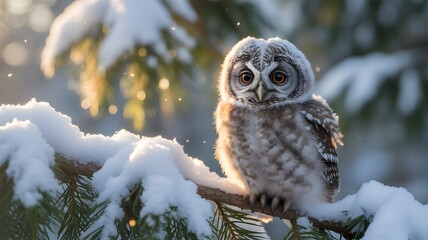 Adorable young owl perched on a snow covered branch in soft winter light