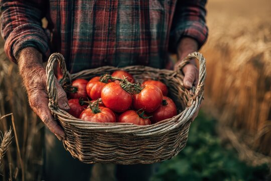 Farmer holds basket of fresh organic tomatoes in golden wheat field during evening harvest time