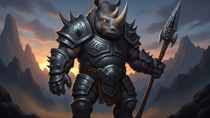 Armored Rhino Warrior - Fantasy Creature with Spear in Mountainous Landscape, Digital Art.