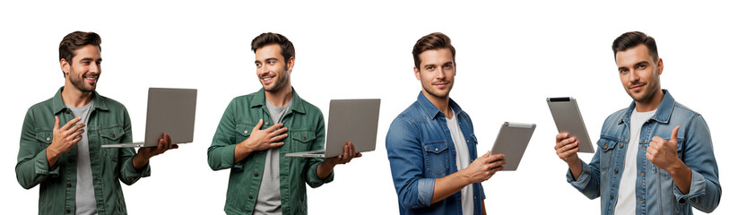 Set of handsome man holding laptop and tablet isolated on white