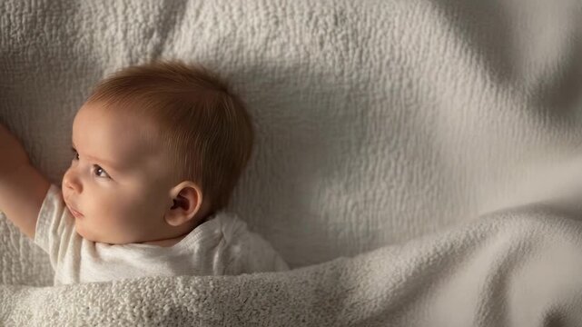 A baby lying in bed, tucked under a white blanket, with one arm raised and a curious smile, looking to the side.