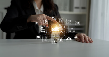 SEO concept for improving SEO visibility, with SEO related digital tools and SEO performance icons shown in an focused layout for strategic marketing. Spline