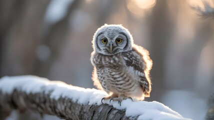 Adorable young owl perched on a snow covered branch in soft sunlight