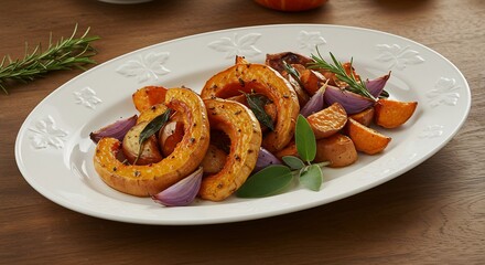 Roasted Pumpkin Slices with Herbs and Red Onion on White Plate.