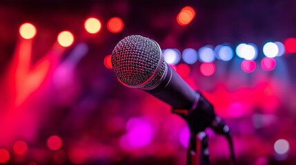 Obraz premium A studio microphone isolated on a bright yellow background, presented in a clean and minimalist product showcase.