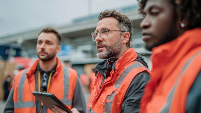 Group of Diverse Construction Workers Wearing Bright Orange Safety Vests Outdoor